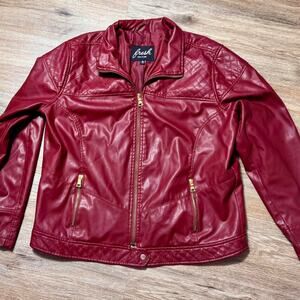 Fresh NY Red Faux Leather Moto Jacket Women’s M Quilted Biker Gold Zip